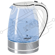 Чайник ATLANTA, ATH-691 белый, стекло Стекло, 2,0л, 2000Вт, иллюминация, быстрое закипание, фильтр от накипи, защита от перегрева.