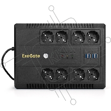 Источник бесперебойного питания ExeGate NEO NNB-650.LED.AVR.8SH.CH 650VA/390W, LED, AVR, 8*Schuko, 4*USB-порта для зарядки, черный