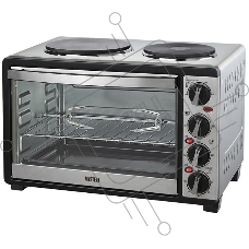 Мини-печь Mystery MOT-3330 (нержавеющая сталь, 1500 Вт, 2 конфорки, гриль, съемный вертел)