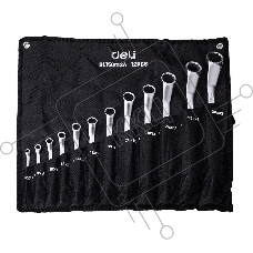 Набор накидных изогнутых гаечных ключей 12 шт Deli DL150012A Спецификация: 6x7, 8x9, 10x11, 12x13, 14x15, 16x17, 18x19, 20x22, 21х23, 24х27, 25х28, 30х32. Матовая хромированная поверхность. Чехол из ткани Oxford.