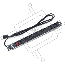 Блок силовых розеток Cabeus, Shuko х 8, вход IEC 320 C14, для шкафов, шнур 2 м, 50х490х50 мм (ВхШхГ), 10А, выключатель, черный