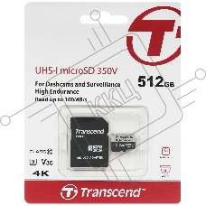 Флеш карта MicroSD Transcend 350V, 512 Гб, Endurance,, адаптер (TS512GUSD350V)
