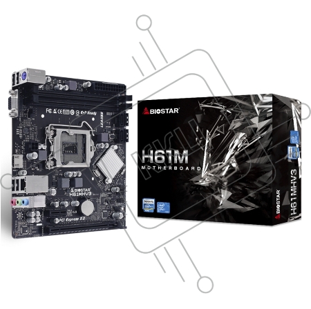 Материнская плата Biostar H61MHV3, Socket 1155, Intel H61, 2xDDR3-1600, D-SUB+HDMI, 1xPCI-Ex16, 1xPCI-Ex1, 4xSATA2, 6 Ch Audio, GLan, (4+4)xUSB2.0, 1xPS/2, mATX, RTL