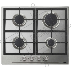 Встраиваемая газовая панель Korting HG 665 CX/60x51 см, электроподжиг, газ-контроль, чугунные решетки, металлические переключатели, нержавеющая сталь