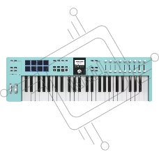 Клавиатура MIDI 231524 Arturia KeyLab Essential 49 mk3 Aquamarine 49 клавиш, LCD дисплей, 9 энкодеров, 8 пэдов, 9 фейдеров, 12 кнопок управления, колеса высоты тона и модуляции, 1/4
