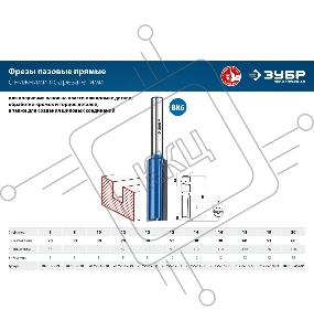 Фреза пазовая прямая с нижними подрезателями, серия Профессионал ЗУБР 10x30мм, хвостовик 8мм,