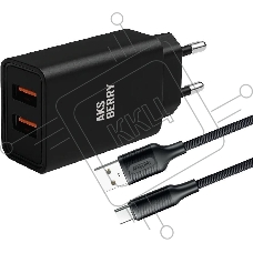 Сетевое зарядное устройство AKSBERRY (6900209230014) T38 2 USB 2.4A + кабель Type C, черный Сетевое зарядное устройство AKSBERRY (6900209230014) T38 2 USB 2.4A + кабель Type C, черный
