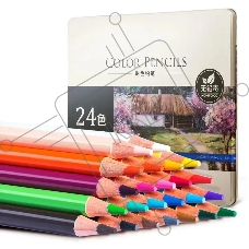 Карандаши цветные Deli 6565, акварельные, круглый профиль, липа, цветной корпус 24 цвета, металлическая коробка