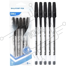 Набор ручек шариковых Deli Think EQ4-MT-BK прозрачный/черный, d=1мм, черные чернила, индивидуальный пакет с европодвесом (5шт) круглая