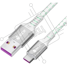 Кабель GCR 1.0m, TypeC, быстрая зарядка 18W, поддержка QC, PD, бело-зеленый, AL case серебро, 28/24 AWG, GCR-55288