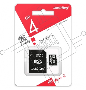 Карта памяти Smartbuy MicroSDHC (Transflash) 4GB (class 10)+SD адаптер