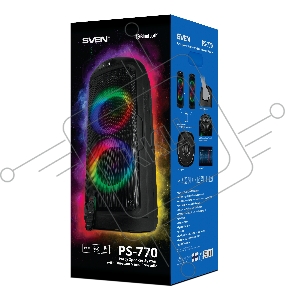Мобильные колонки SVEN PS-770 2.0 чёрные (2x50W, mini Jack, USB, Bluetooth, FM, micro SD, NFC, LED-дисплей, ПДУ,  4400 мA, LED подсветка)