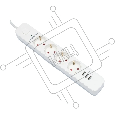 Сетевой фильтр Гарнизон 2.0 Мультипорт EPS-4-U3-W-2, 4 р, 10А, 3xUSB, 2м, ур.защиты 2+, белый, пакет