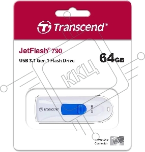 Флеш Диск 64GB Transcend JetFlash 790, USB 3.0, Белый/Синий