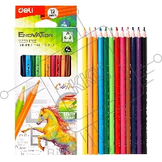 Карандаши цветные Deli EC113-12 Enovation, трехгранный профиль, пластик 12 цветов, коробка с европодвесом (12шт)