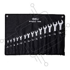 Набор комбинированных гаечных ключей 14 шт Deli DL130014A Спецификация: 6,7,8,9,10,11,12,13,14,15,17,19,22,24 мм. Матовая хромированная поверхность. Тканевая упаковка.