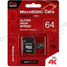 Флеш карта QUMO MicroSDXC 64GB Сlass 10 UHS-I ,3.0 без адаптера SD, черно-красная картонная упаковка