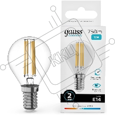Лампа филам. Gauss Filament 12Вт цок.:E14 шар св.свеч.бел.нейт. (упак.:10шт) (52122)
