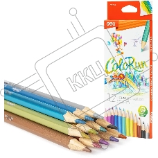 Карандаши цветные Deli EC127-12 ColoRun, шестигранный профиль, дерево 12 цветов, коробка с европодвесом (12шт)