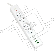 Сетевой фильтр Cablexpert Exnovo EXN-4-CU2-W-2, 4р, 16А, 1xType-C PD, 30Вт, 2хUSB, 2м, ур.защиты 4+, белый, коробка