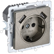 Розетка 1-местная IEK BRITE РЮш10-2-БрШ (BR-R14-16-U21-D31-K37) с заземлением, с защитными шторками, 16А, с USB A+A 5В 3,1А, шампань