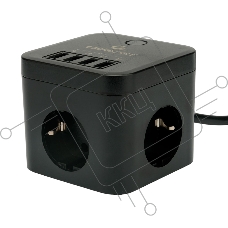 Сетевой фильтр Cablexpert Cube CUBE-3-U4-B-1.5, 3р, 10А, 4хUSB, 1.5м, ур.защиты 4+, черный, коробка