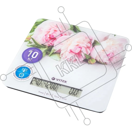Весы кухонные Vitek VT-2414 (MC) цветы 1. Максимальный вес 10 кг  2. Цена деления 1 г 3. Размер LCD дисплея 95х18 мм