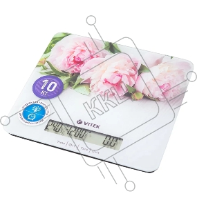 Весы кухонные Vitek VT-2414 (MC) цветы 1. Максимальный вес 10 кг  2. Цена деления 1 г 3. Размер LCD дисплея 95х18 мм