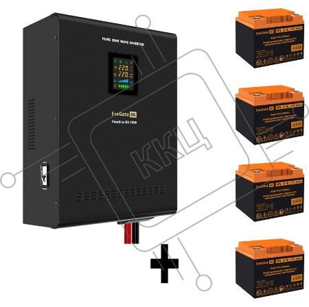 Комплект ИБП EX296005RUS + батарея 45Aч EX285666RUS 4шт (инвертор, синус, для котла, настенный) ExeGate FineSine SX-7000.LCD.AVR.2SH.T <7000VA/5000W, чистая синусоида, цветной LCD-дисплей, AVR, 2*Schuko+клеммы, линейно-интерактивный, крепление настенное, 