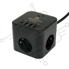 Сетевой фильтр Cablexpert Cube CUBE-3-CU3-B-1.5, 3р, 10А, 1xType-C PD, 3xUSB, 1.5м, ур.защиты 4+, черный, коробка