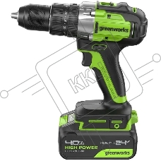 Дрель-шуруповерт GREENWORKS GD24DD60, 24 В, 0 Ач, 60 Нм, бесщеточный, ударный