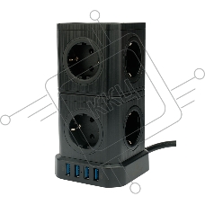 Сетевой фильтр Cablexpert Tower TWR-9-U4-B-2, 9р, 16А, 4хUSB, 3.1А, 2м, ур.защиты 4+, черный, коробка