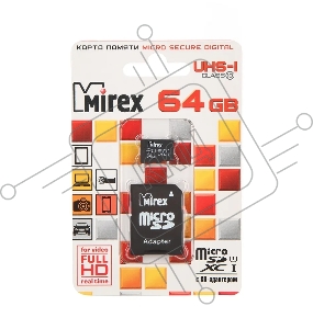 Флэш карта MicroSDHC 64GB Mirex  Ultra Android 48Mb/s (UHS-I, class 10)+adapter