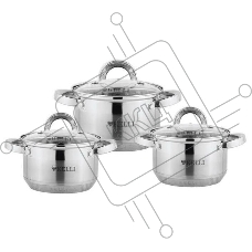 Набор посуды из нержавеющей стали со стеклянными крышками KELLI KL-4246 6 пред. 16 см -2,1; 18- см-2,9; 20 см-3,9 литра. 7-ми слойное капсульное дно. Индукция