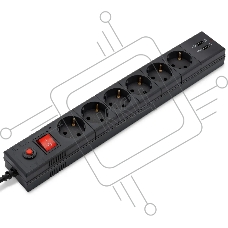Удлинитель с сетевым фильтром 6х1.8м с заземл. 10А IP20 BU-SP1.8_USB_2A CCA 3х0.75 2USB черн. BURO 992310
