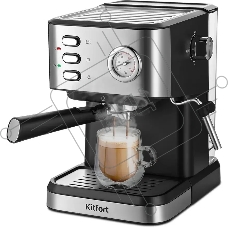 Кофеварка рожковая Kitfort КТ-7293 черный/серебристый, исп. кофе - молотый, 1.5 л, 1050 Вт, 15 Бар.