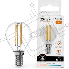 Лампа филам. Gauss Filament 10Вт цок.:E14 шар св.свеч.бел.теп. (упак.:10шт) (52110)