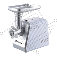 Мясорубка электрическая Sakura SA-6424W белый, 2000 Вт, 3.0 кг/мин, реверс, защита от перегрузки, металлический лоток, насадки - 4