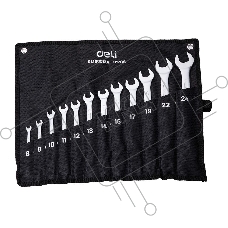 Набор комбинированных гаечных ключей 12 шт Deli DL130012A Спецификация: 6 мм, 8 мм, 10 мм, 11 мм, 12 мм, 13 мм, 14 мм, 15 мм, 17 мм, 19 мм, 22 мм, 24 мм. Матовая хромированная поверхность. Тканевая упаковка.