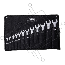 Набор двусторонних гаечных ключей 12 шт Deli DL160012A Спецификация: 6x7мм, 8x9мм, 10x11мм, 12x13мм, 14x15мм, 16x17мм, 18x19мм, 20x22мм, 21x23мм, 24x27мм, 25x28мм, 30x32мм. Матовая хромированная поверхность. Тканевая упаковка.