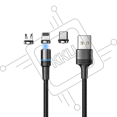 Кабель USB Rexant 18-7076 3в1 со съемными магнитными портами, Type-С (2A), Lightning (2,4A), Micro USB (2A), 1,2м, в черной оплетке, с LED подсветкой