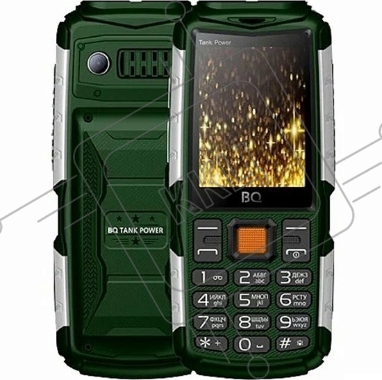 Мобильный телефон BQ 2430 Tank Power Green&silver 2.4” 240x320/32+32Mb/BT/2Sim/microSD/0.3Mp/4000mAh/Powerbank