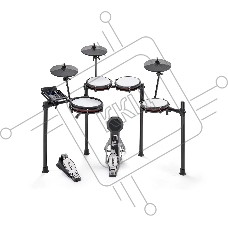 Электронная ударная установка Alesis NITRO MAX KIT NITROMAXKITXEUK: 3 пэда томов (8), двухзонный пэд малого барабана (10), пэд бочки с педалью, два пэда тарелок (10), пед хай-хэта (10), алюминиевая рама со стойками, модуль, кабели для подключения, а