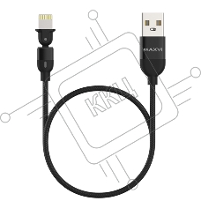 Кабель Maxvi MC-19L black, USB-A - Lightning, 2.4A, LED ток макс. нагрузки 2.4А, макс. напряжение 5V; стандарт USB 2.0; длина кабеля 1.5м, нейлоновая оплетка, металлические корпуса разъемов,LED подсветка, цвет: черный