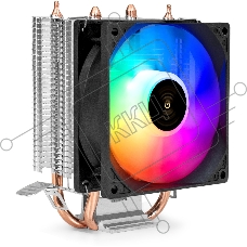 Кулер ExeGate Wizard EXX200-PWM.RGB (Al+Cu, 2 тепл.трубки, LGA775/1150/1151/1155/1156/1200/1700/1851/AM2/AM2+/AM3/AM3+/AM4/AM5/FM1/FM2/754/939/940, TDP 95W, Fan 90мм, PWM, 800-2400RPM, Hydro bearing, 4pin, 11-24db, 305г, RGB подсветка, с термопастой, на з