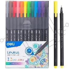 Набор ручек капиллярных Deli Linkus (EQ900-12), d=0.45мм, ассорти чернила, игловидный пишущий наконечник, линия 0.45мм, 12 цветов