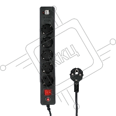 Сетевой фильтр Гарнизон 5р, 10А, 2xUSB, 1.8м, ур.защиты 4, черный, пакет