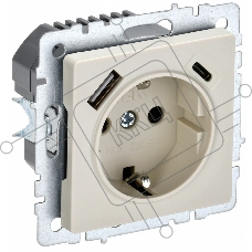Розетка 1-местная IEK BRITE РЮш11-1-БрКр (BR-R14-16-U22-018-K10) с заземлением, с защитными шторками, 16А, с USB A+C 18 Вт, бежевый