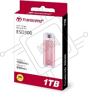 Внешний SSD External SSD Transcend 1.0Tb ESD300 <TS1TESD300P> (USB3.2 gen 2, Type C, 1050/950Mbs, 3D NAND, 60x20x7.8mm, 9g) розовый