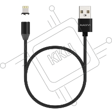 Кабель Maxvi MCm-01L black, USB-A - Lightning, 2A, магнитный разъем, LED ток макс. нагрузки 2А, макс. напряжение 5V; стандарт USB 2.0; длина 1м, нейлоновая оплетка, съемный магнитный коннектор, LED подсветка, черный с серыми вставками